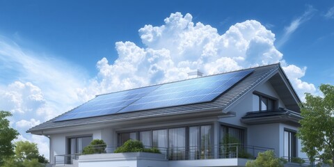 Residential Rooftop Solar Panels Under Bright Blue Sky with Clouds - Copy Space