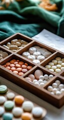 Wooden pill organizer with various pills and capsules (1)