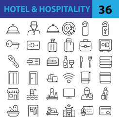 Hotel and Hospitality Line Icons Set  Editable Vector Symbols for Travel, Service, Accommodation, and Guest Experience