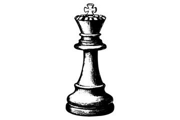 Engraved Chess King Drawing in Retro Etching Style on White Background
