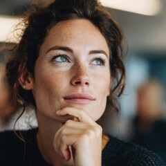 Pensive Young Woman with Freckles and Curly Hair Contemplating