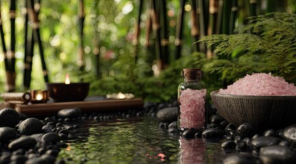 Serene spa scene pink bath salts, candles, and a tranquil stream amidst bamboo and dark stones