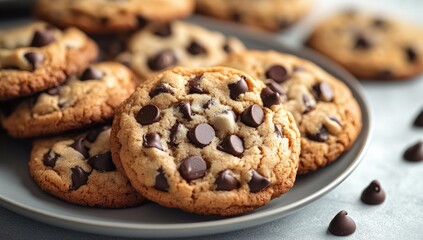 Chocolate chip cookies stacked on a plate