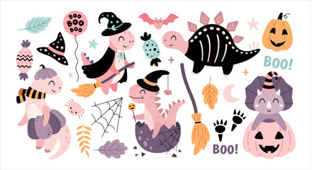 Pink Halloween dinosaurs clipart set. Cute spooky seasonal objects, Happy Halloween hand drawn vector illustration in cartoon flat style