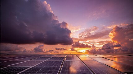 Expansive Solar Panel Array Reflecting Dramatic Sunset Sky - Renewable Energy Horizon