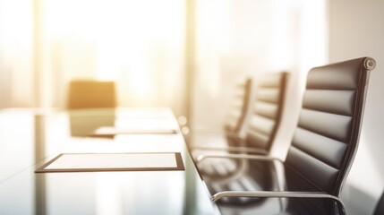 Modern conference room with sleek glass table, black leather chairs, natural light, neutral tones, warm atmosphere, contemporary design, professional setting.