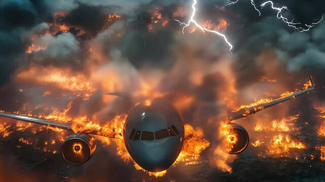 A dramatic scene of an airplane engulfed in flames and struck by lightning mid-air, descending through a fiery storm. The image captures a catastrophic aviation accident and emergency in progress.