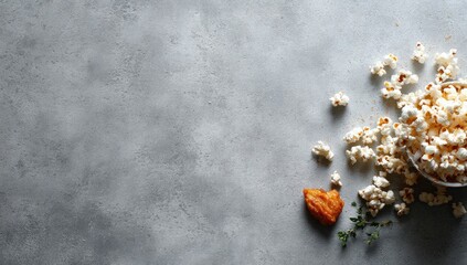 A bowl of popcorn spills onto a grey surface, accompanied by a small heart-shaped pastry and a sprig of thyme