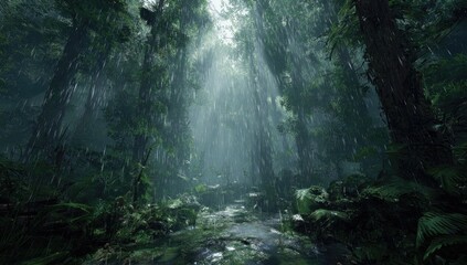 Sunbeams pierce a lush, rain-soaked forest, illuminating a narrow stream winding through dense vegetation