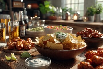 Delectable super bowl munchies for a game day celebration, accompanied by wings, nachos, and drinks. Generative Ai