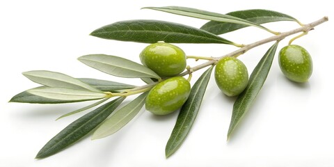 A cluster of green olives with leaves on a white background, perfect for olive oil branding.