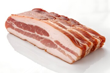 Strips of crispy bacon on a white background, highlighting their golden texture.
