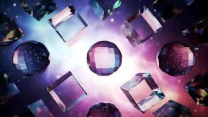 Floating crystal cubes and spheres against a colorful nebula background in a dynamic composition - Powered by Adobe