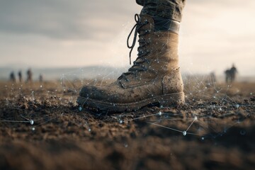 Mud-caked combat boot, partially obscured by digital network overlay, rests on barren earth with blurred figures in background, suggesting military operation or technological integration into warfare