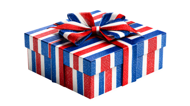 A gift box wrapped in red white and blue striped paper with a matching bow on a black background