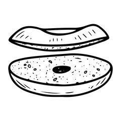 Bagel cut in half. Hand drawn doodle vector. Baked tasty food for breakfast. Bread ring for sandwich. Confectionery round bun. Bakery cafe menu. Illustration line art element.