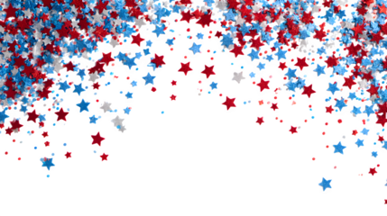 Red white and blue star shaped confetti scattered against a black background for festive decoration