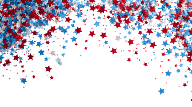 Red white and blue star shaped confetti scattered against a black background for festive decoration