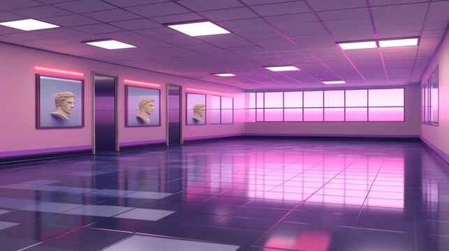 Neon Lit Hallway with Classical Busts