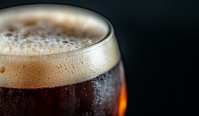 Close up of craft beer with foam in a glass on a dark background