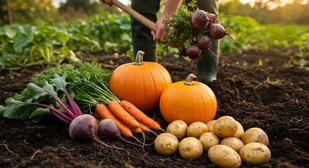 Autumn harvest of fresh raw carrot, beetroot, pumpkin and potato on soil ground in garden. Farmer with shovel harvesting organic eco bio fall vegetables