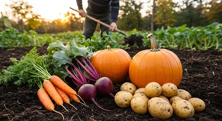 Autumn harvest of fresh raw carrot, beetroot, pumpkin and potato on soil ground in garden. Farmer with shovel harvesting organic eco bio fall vegetables