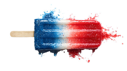 A red white and blue popsicle on a stick with liquid splashing on a black background for celebration
