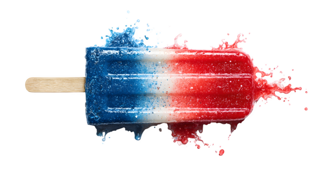 A red white and blue popsicle on a stick with liquid splashing on a black background for celebration