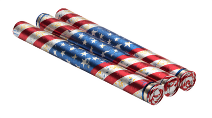 Three patriotic firecrackers with red and white stripes and blue stars on a black background