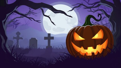 Fototapeta premium Spooky Halloween Night Jackolantern Graveyard and Full Moon