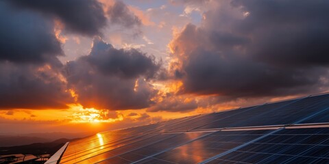 Majestic Sunset Glow on Solar Panel Field - Sustainable Energy at Golden Hour