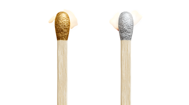 Close up of two matches with gold and silver tips against a black background in a studio shot