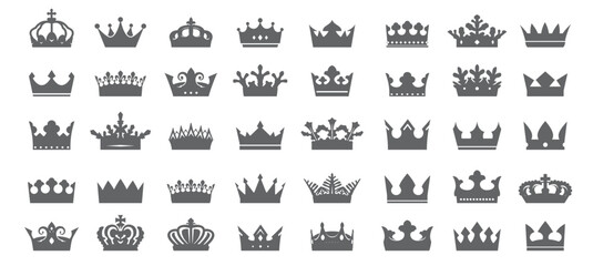 Set of grey crowns. Outline Icons isolated