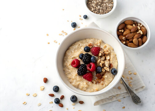 Oatmeal served in a minimalist Scandinavian style on a clean white background. For blogs about proper nutrition