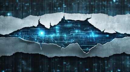 Ripped paper revealing digital circuit