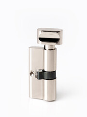 Metal euro cylinder door lock with thumb turn, isolated on white background. Modern security hardware for home or office.