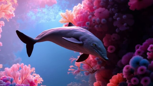A dolphin swimming in the ocean surrounded by coral reefs