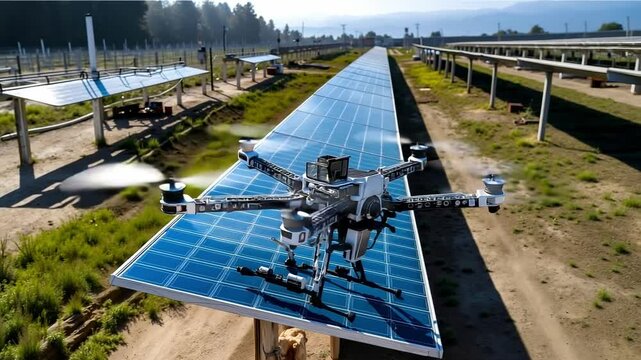A drone flying over a field of solar panels