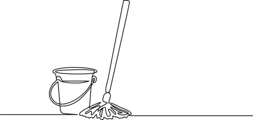 Continuous one line drawing of mop and bucket. Cleaning concept. Single line draw design vector graphic illustration. Cleaning tools one line colored continuous drawing, Vector Illustration