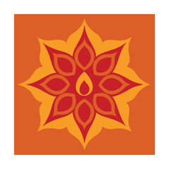 Abstract geometric flower mandala design in orange and red on a square background