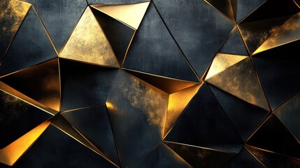 Refined geometric pattern with triangular facets and gold accents creates a dramatic visual effect
