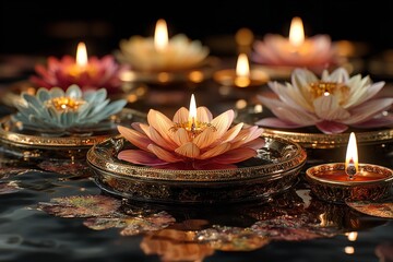 India celebrates Diwali, the festival of fire, as a holiday. Oil lights for diyas and lotus flowers. Generative Ai