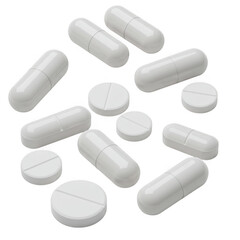 White pills capsules medication pharmaceutical healthcare concept on transparent background