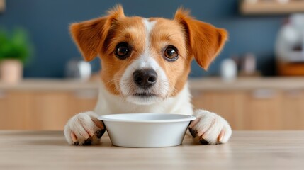 Hungry dog eagerly waits with empty bowl in charming studio setting