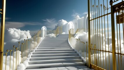 A set of stairs leading up to a golden gate in the clouds - Powered by Adobe