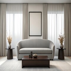 Light Grey Curved Sofa in Minimalist Living Room with Dark Brown Coffee Table and Side Tables featuring Dried Flower Arrangements in Light Grey Vases against Sheer Curtains and a Blank Framed Canvas