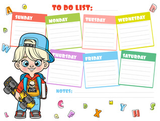 To do list for writing plans for the week with a cute cartoon schoolboy skateboard in hands and school backpack on back