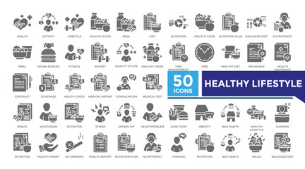 Healthy lifestyle solid icon set collection. This set includes diet, nutrition plan, nutritionist, fitness, bad habits, salad and more icons in solid style. Vector icons collection for infographics