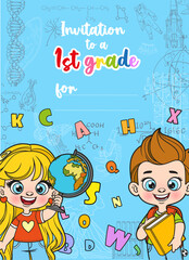 Invitations for a child in 1st grade of elementary school on vertical blue background