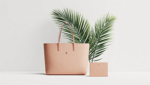 Pale pink leather tote bag and matching wallet, minimalist aesthetic,  set against a clean white background, styled with palm fronds - Powered by Adobe